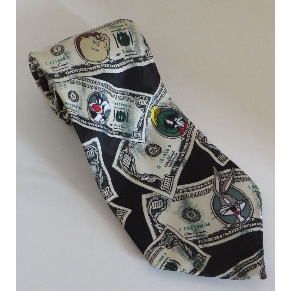 Looney Tunes Mania Neck Tie Daffy Taz Sylvester $100 Bills Bejamins 61" Long